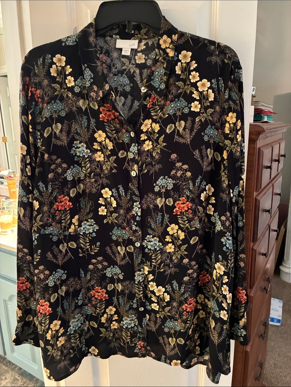J. Jill Black Floral Button-Up Shirt with Blue and Yellow Blooms SZ LP